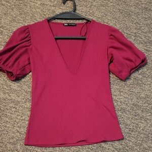 Zara Pink Puff Sleeve Fitted Blouse